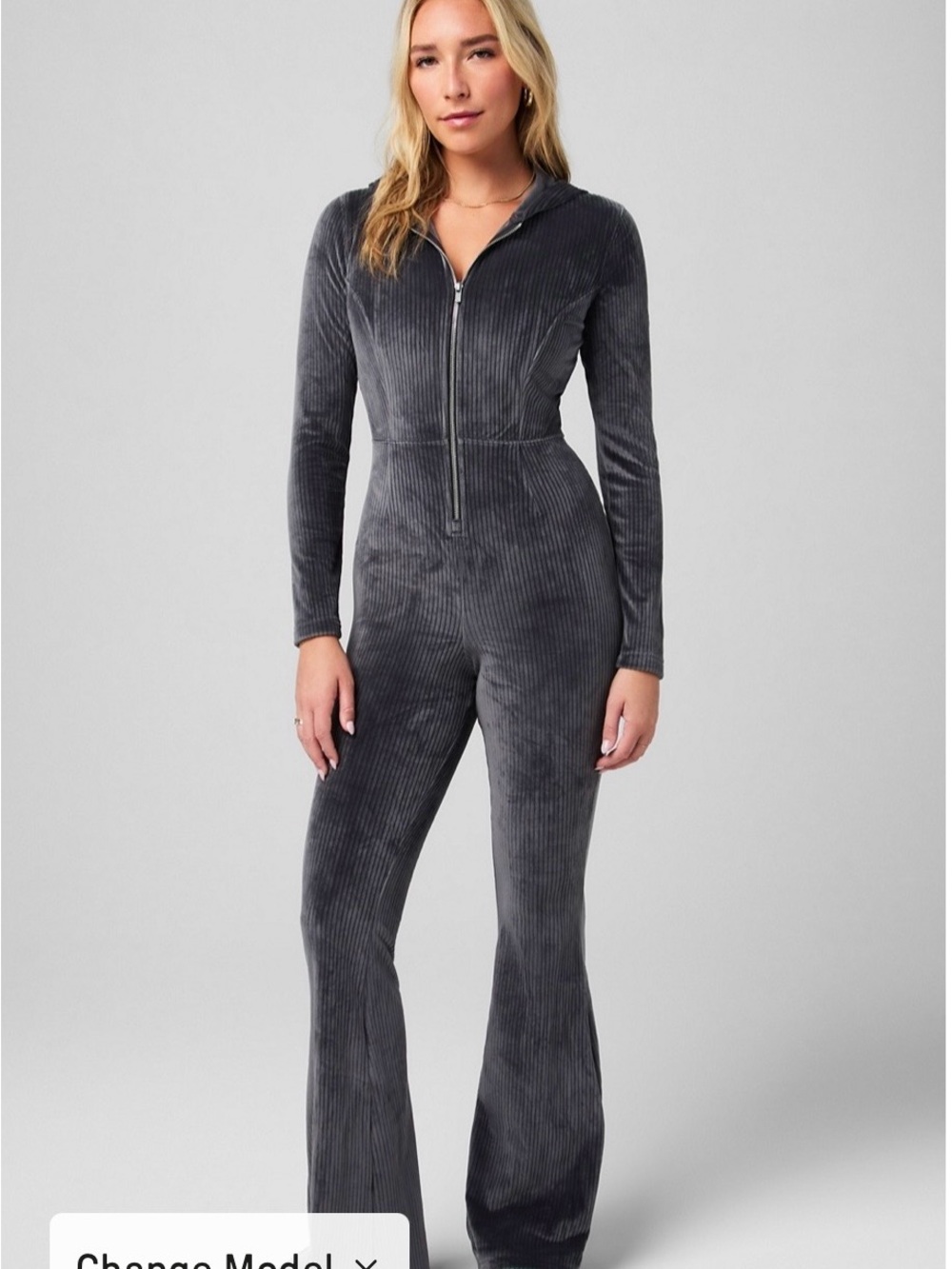 Fabletics Charcoal Gray Ribbed Zip-Front Jumpsuit
